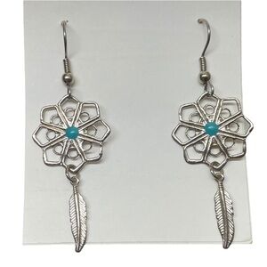 Silver Toned Lightweight Dream Catcher Turquoise Color Dangle Earrings